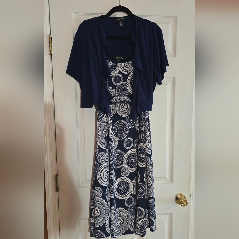 R&M Richards Navy and White Geometric Print Sleeveless Dress w Cardigan & Belt